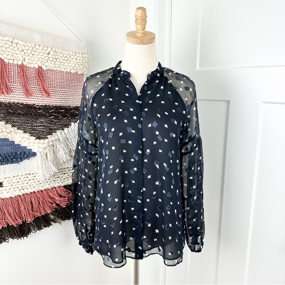 Massimo Dutti Silk Button Front Blouse Navy Blue Sz 6